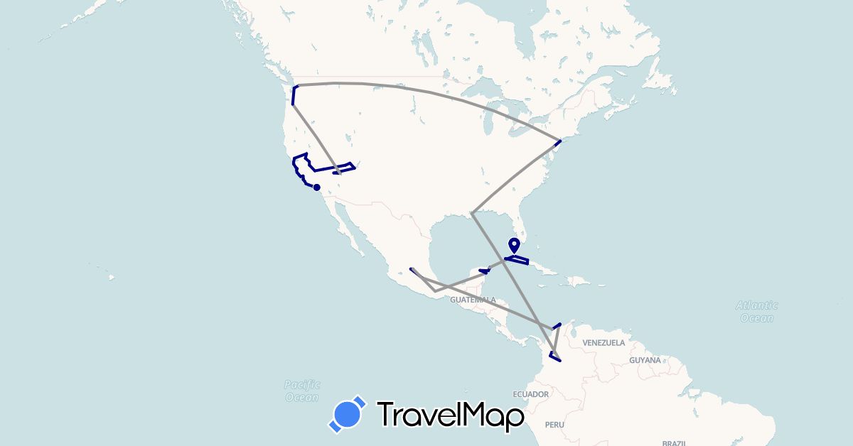 TravelMap itinerary: driving, plane in Colombia, Cuba, Mexico, United States (North America, South America)
